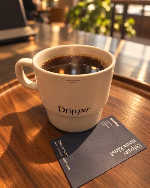 Drip.per 로고가 새겨진 흰 머그에 담긴 핸드드립 커피. 잔 앞에 하우스 블렌드 테이스팅 노트 카드가 놓여 있다.